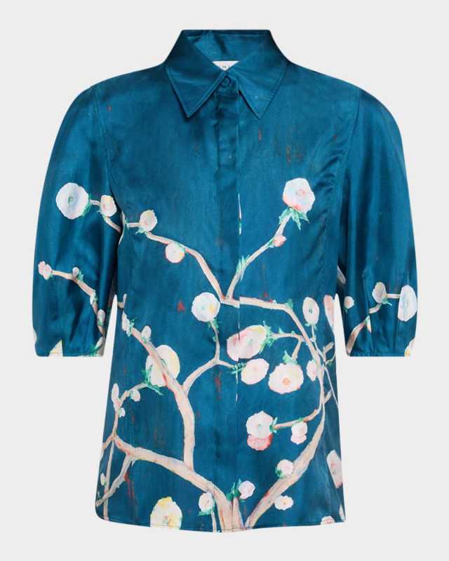 Sansi Floral Puff-Sleeve Button-Down Top